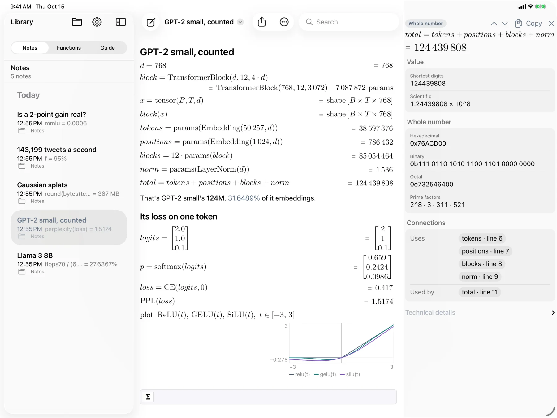 Expr on iPad: counting GPT-2's parameters, with the inspector open