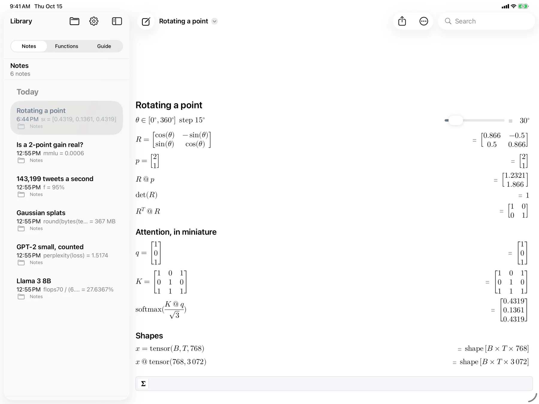 Expr on iPad: rotating a point with a matrix, and attention in miniature