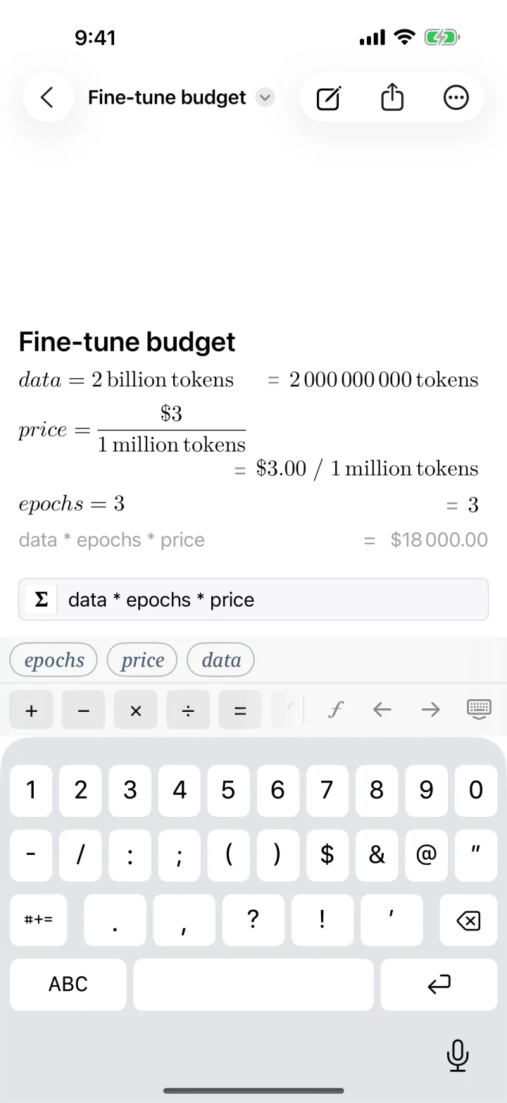 Expr on iPhone: typing a fine-tune budget, with suggestions above the keyboard
