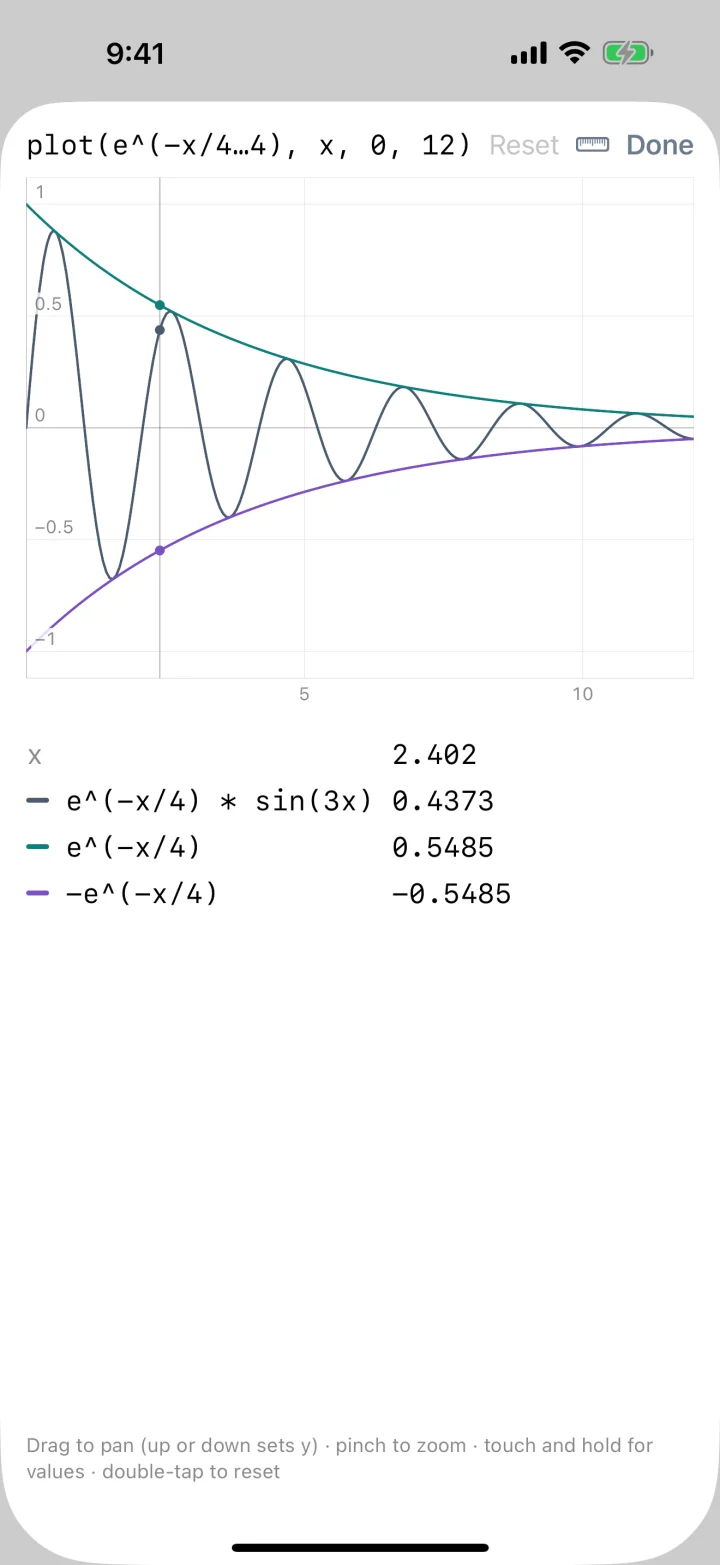 Expr on iPhone: a damped sine explored in the graph viewer