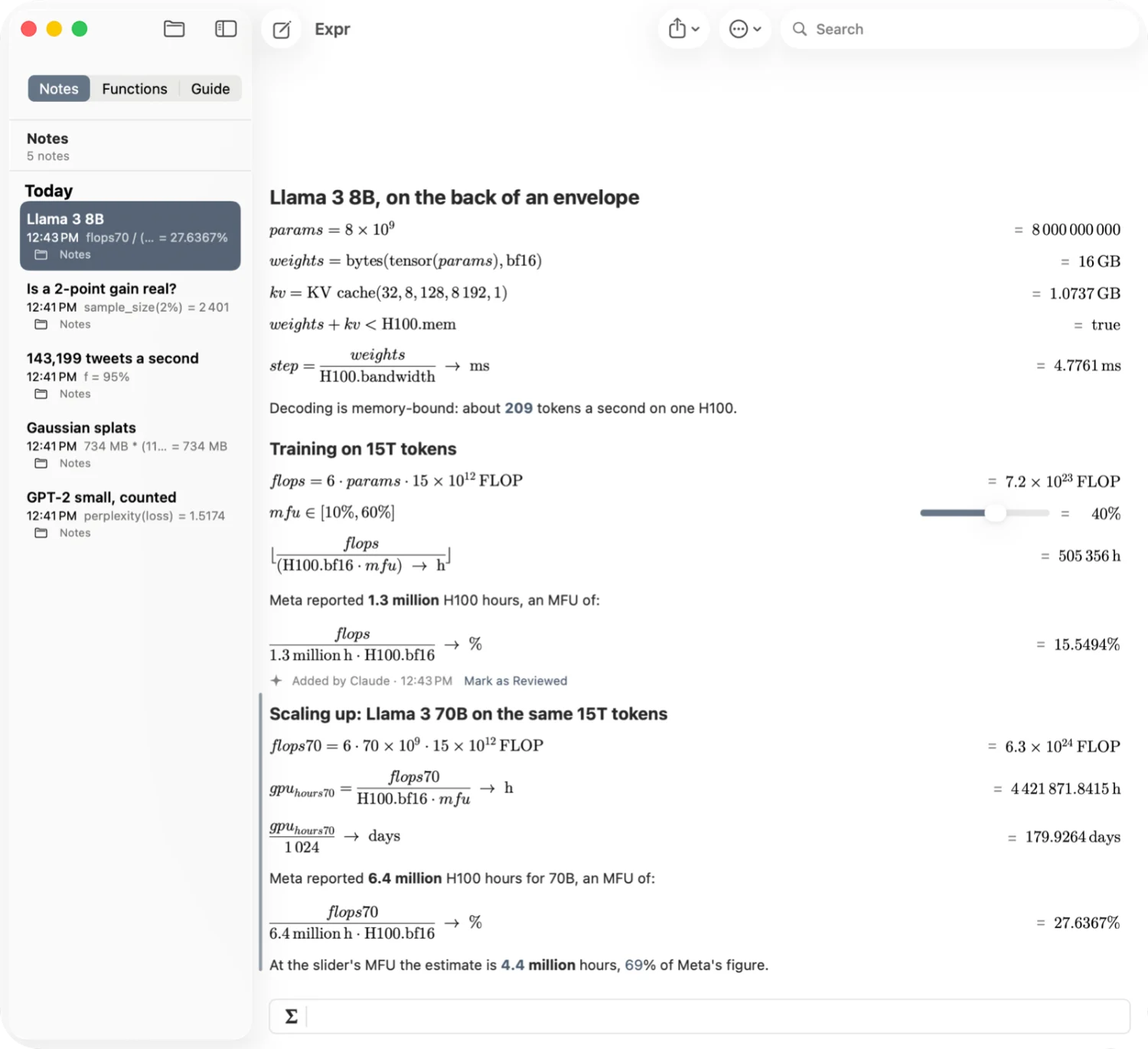 The Expr note after the agent added a section, its lines marked as added by Claude