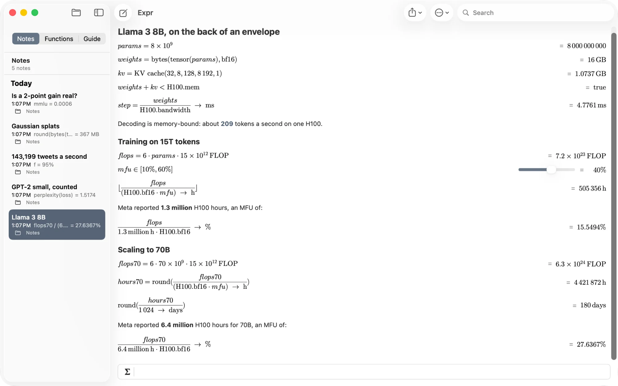 Expr on the Mac: a note estimating what it takes to train Llama 3 8B, with typeset formulas and results